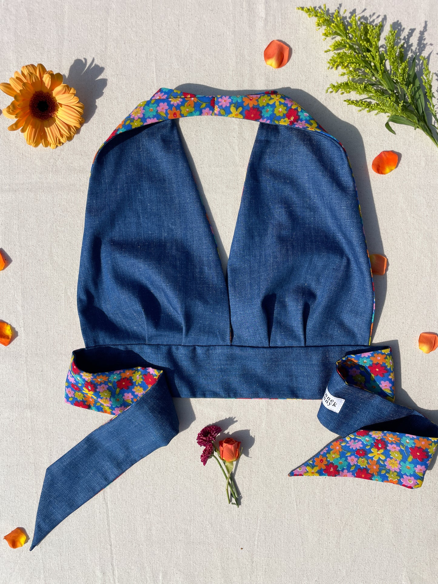 Reversible Halter | Blue multi flower & denim