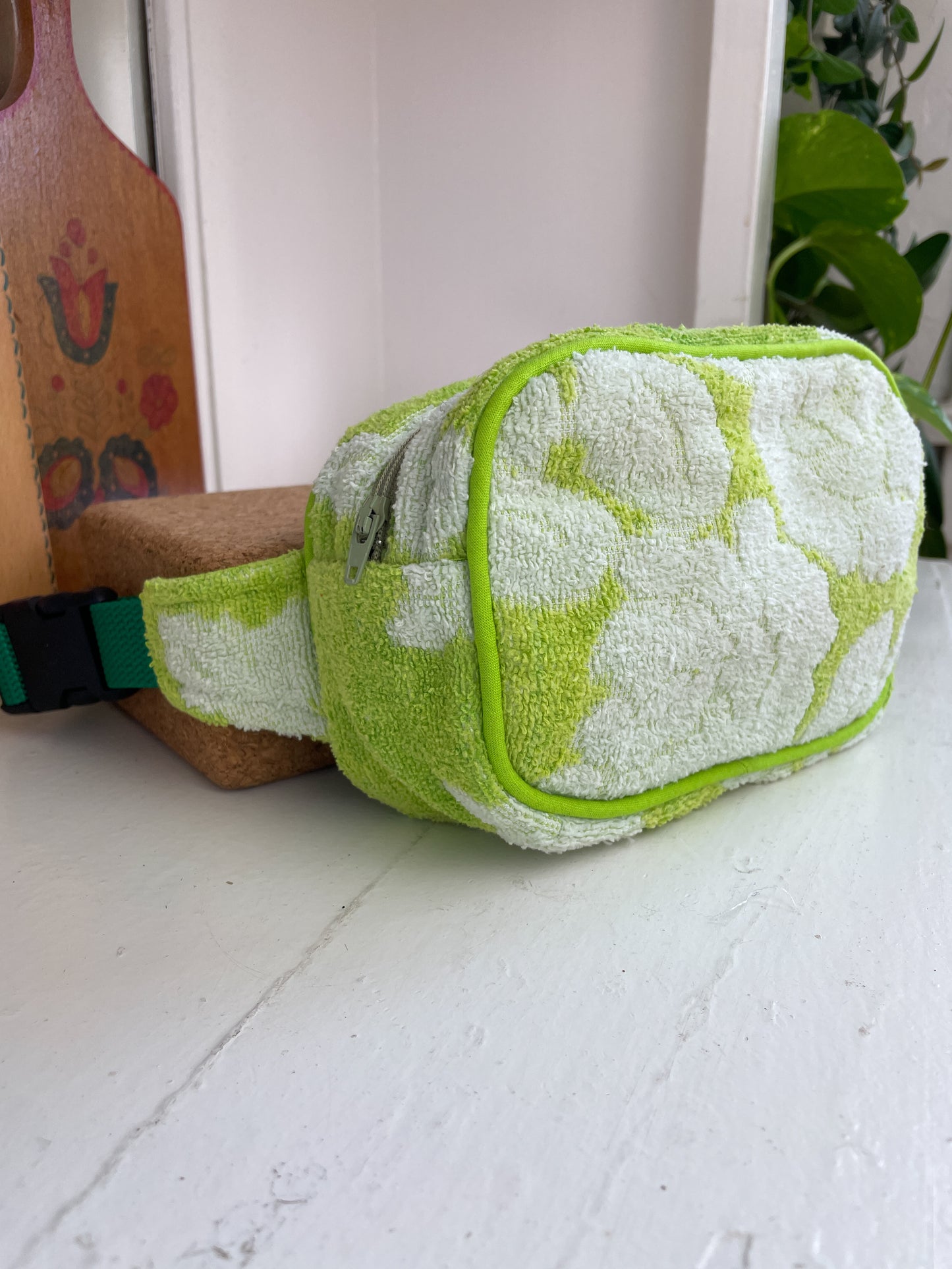 Vintage towel fanny pack | Neon lime flower