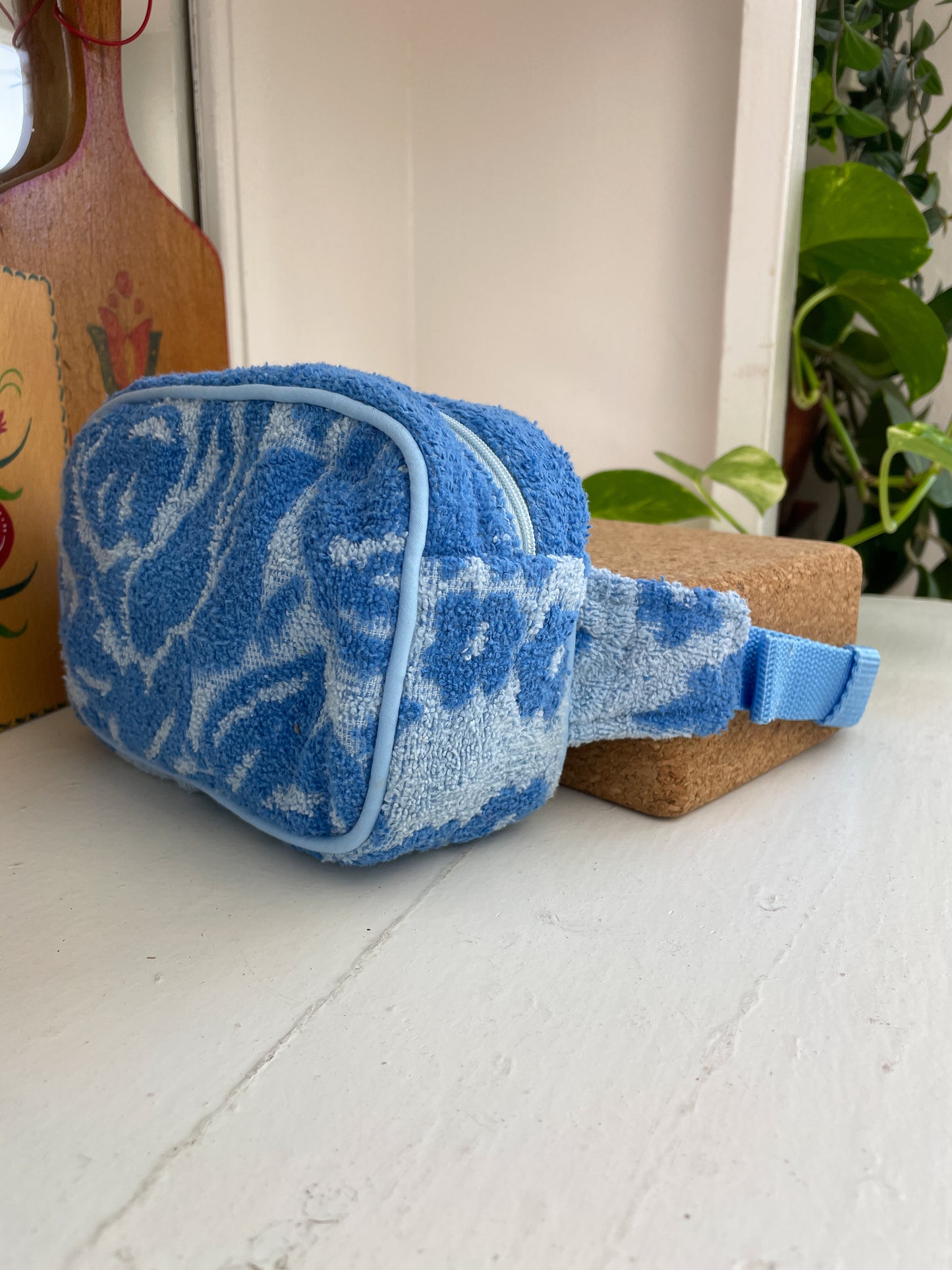 Vintage towel fanny pack | Sky blue flower