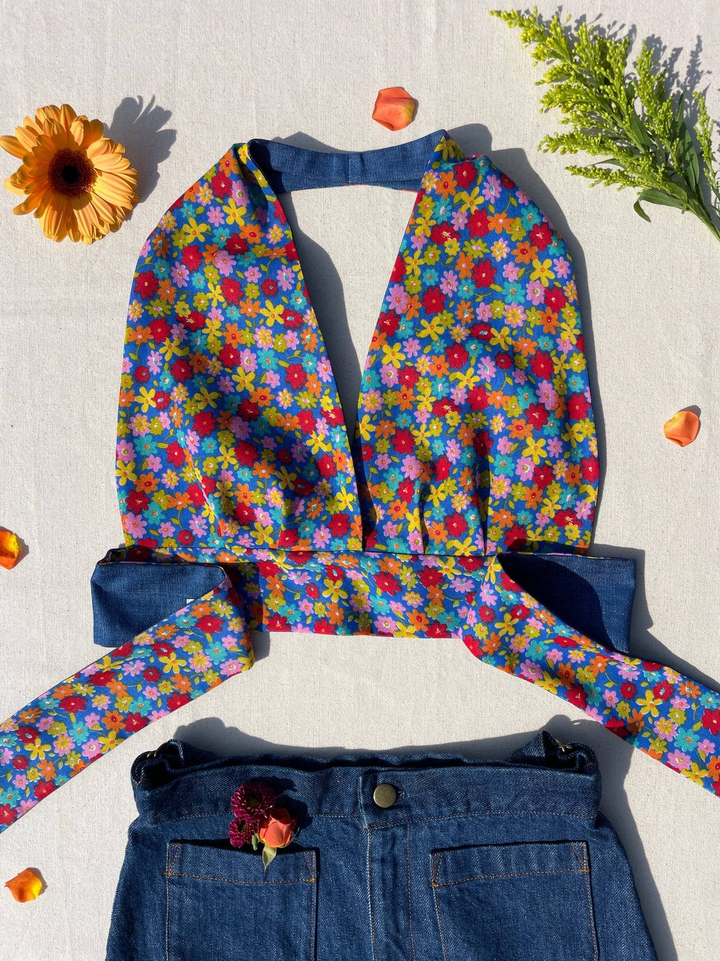 Reversible Halter | Blue multi flower & denim