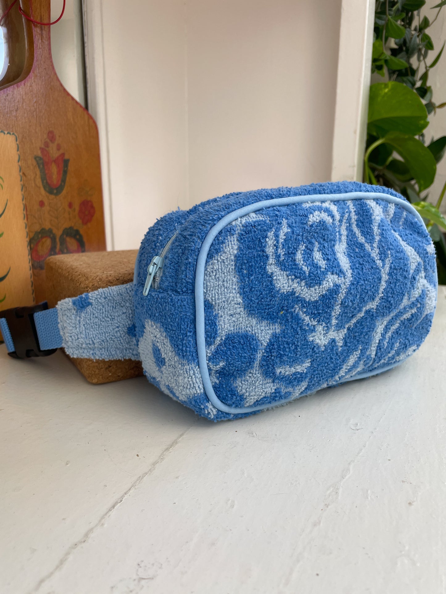 Vintage towel fanny pack | Sky blue flower
