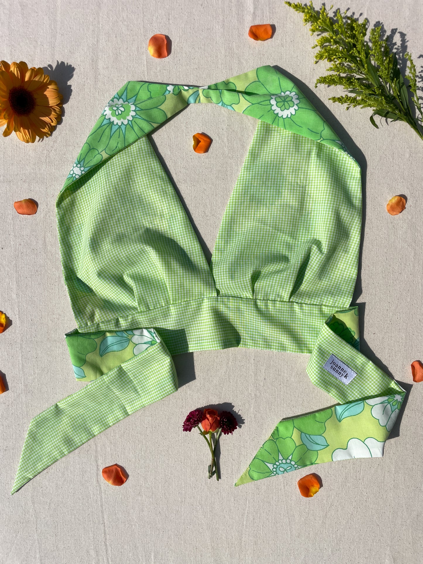 Reversible Halter | Light lime flower & gingham
