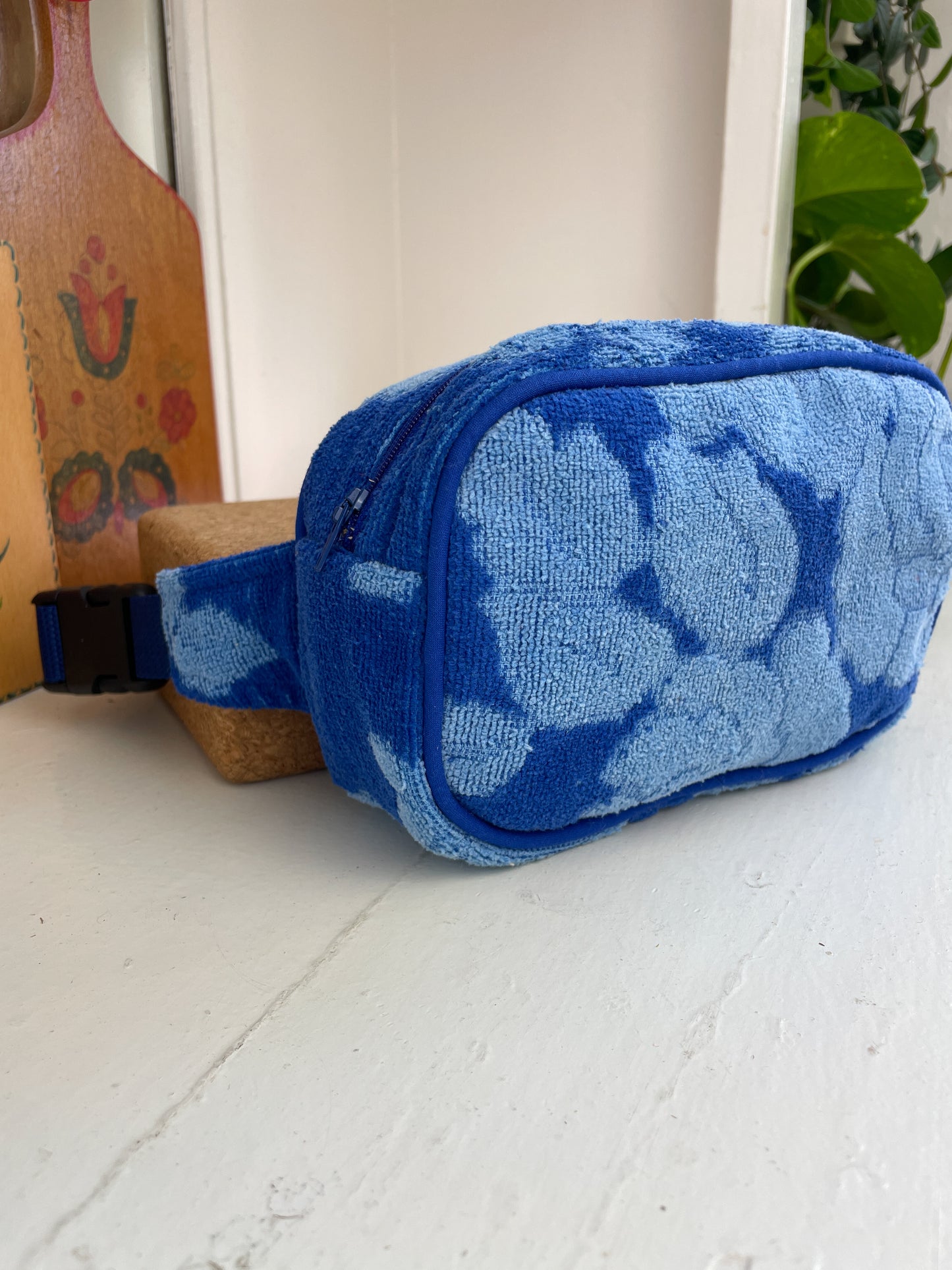 Vintage towel fanny pack | Royal blue flower