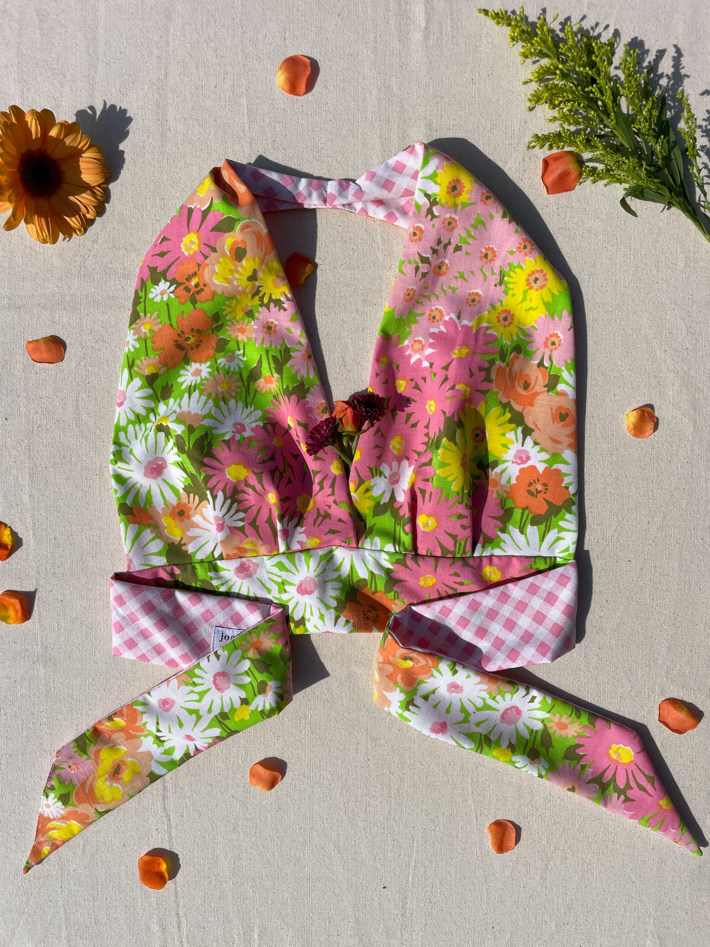 Reversible Halter | Pink flower garden & gingham
