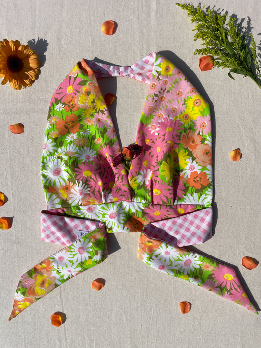 Reversible Halter | Pink flower garden & gingham