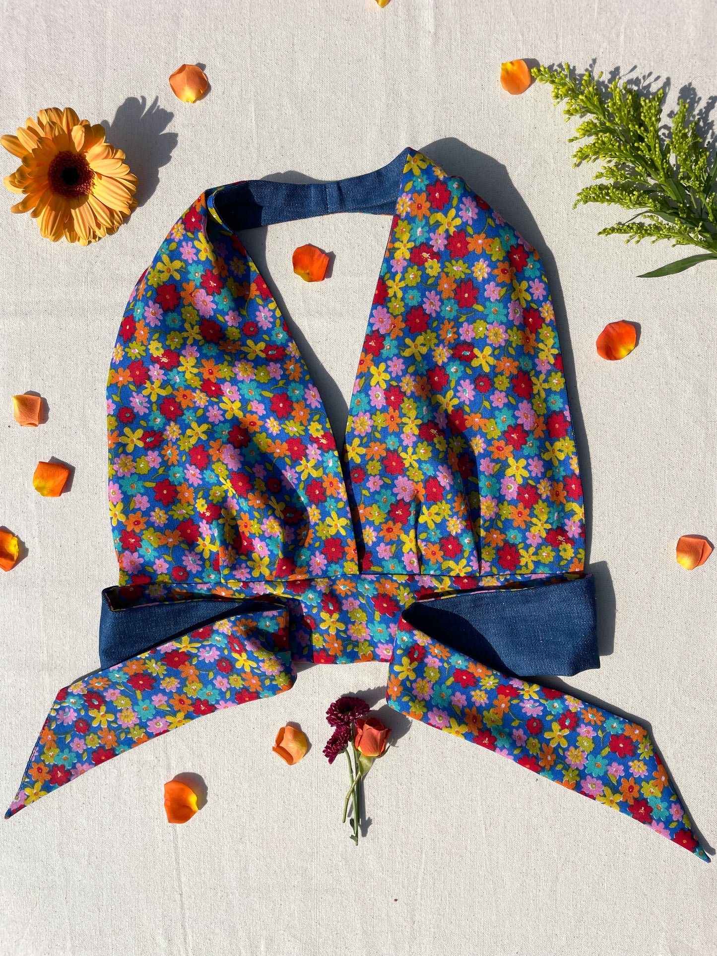 Reversible Halter | Blue multi flower & denim