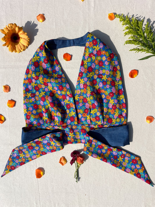 Reversible Halter | Blue multi flower & denim