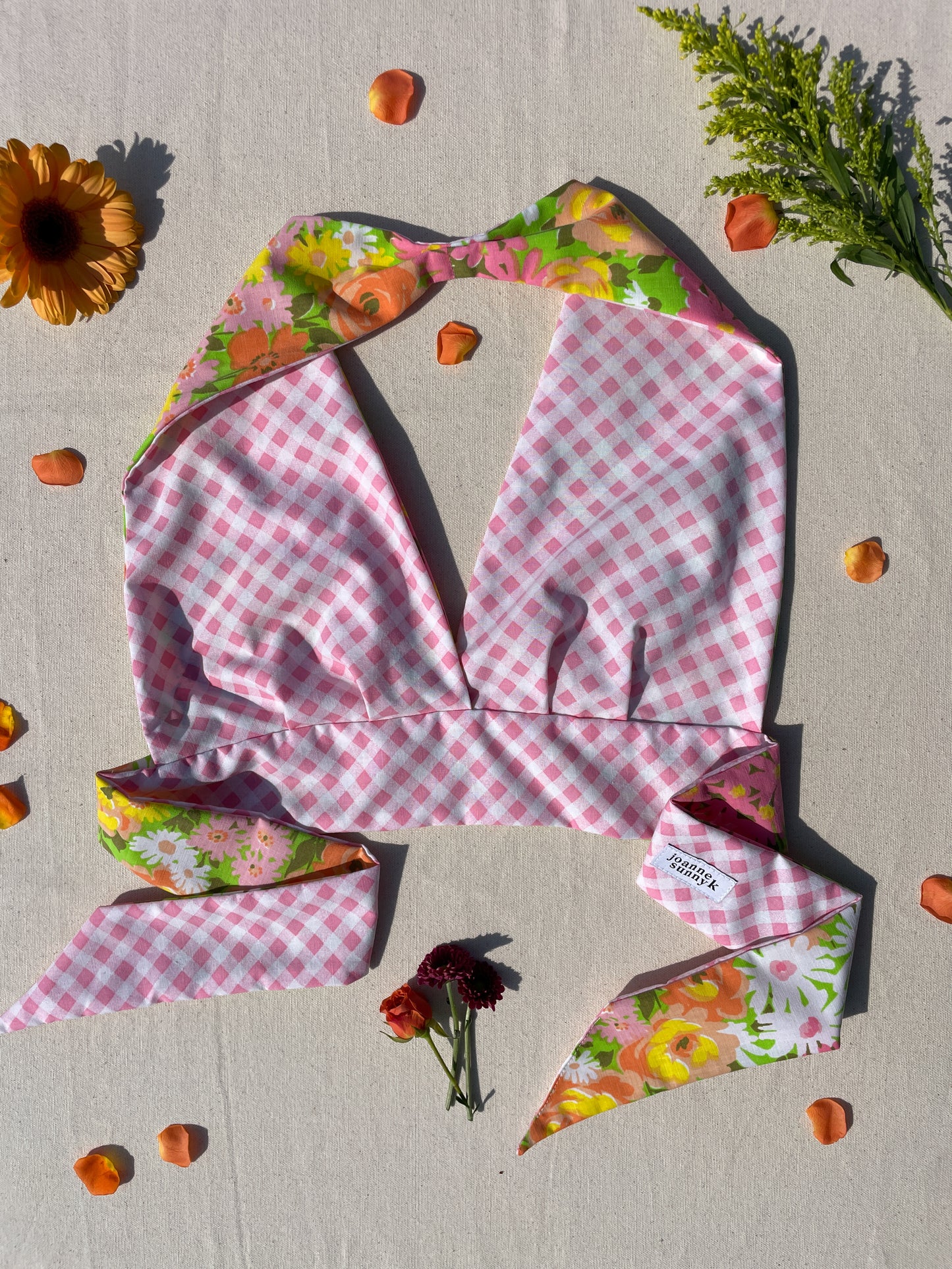 Reversible Halter | Pink flower garden & gingham