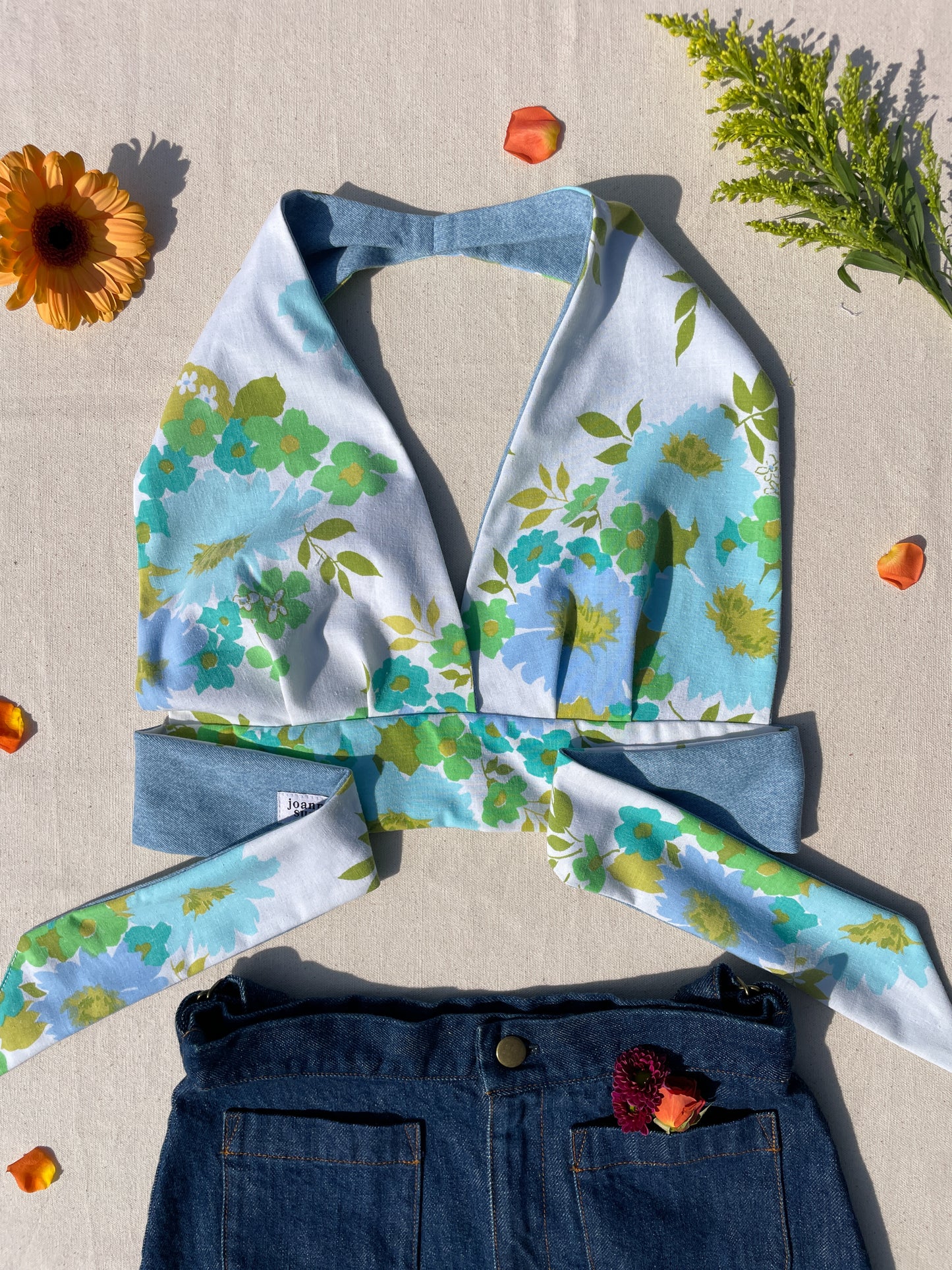 Reversible Halter | Teal mix flower & light denim