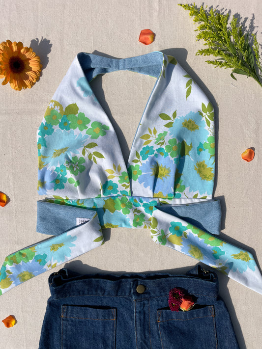 Reversible Halter | Teal mix flower & light denim