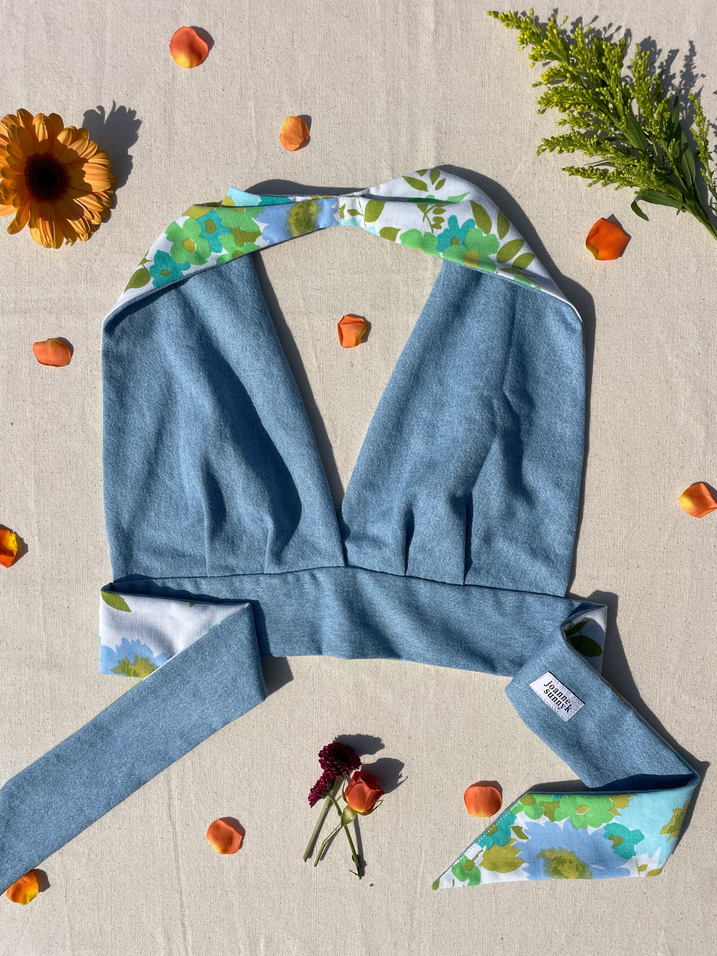 Reversible Halter | Teal mix flower & light denim