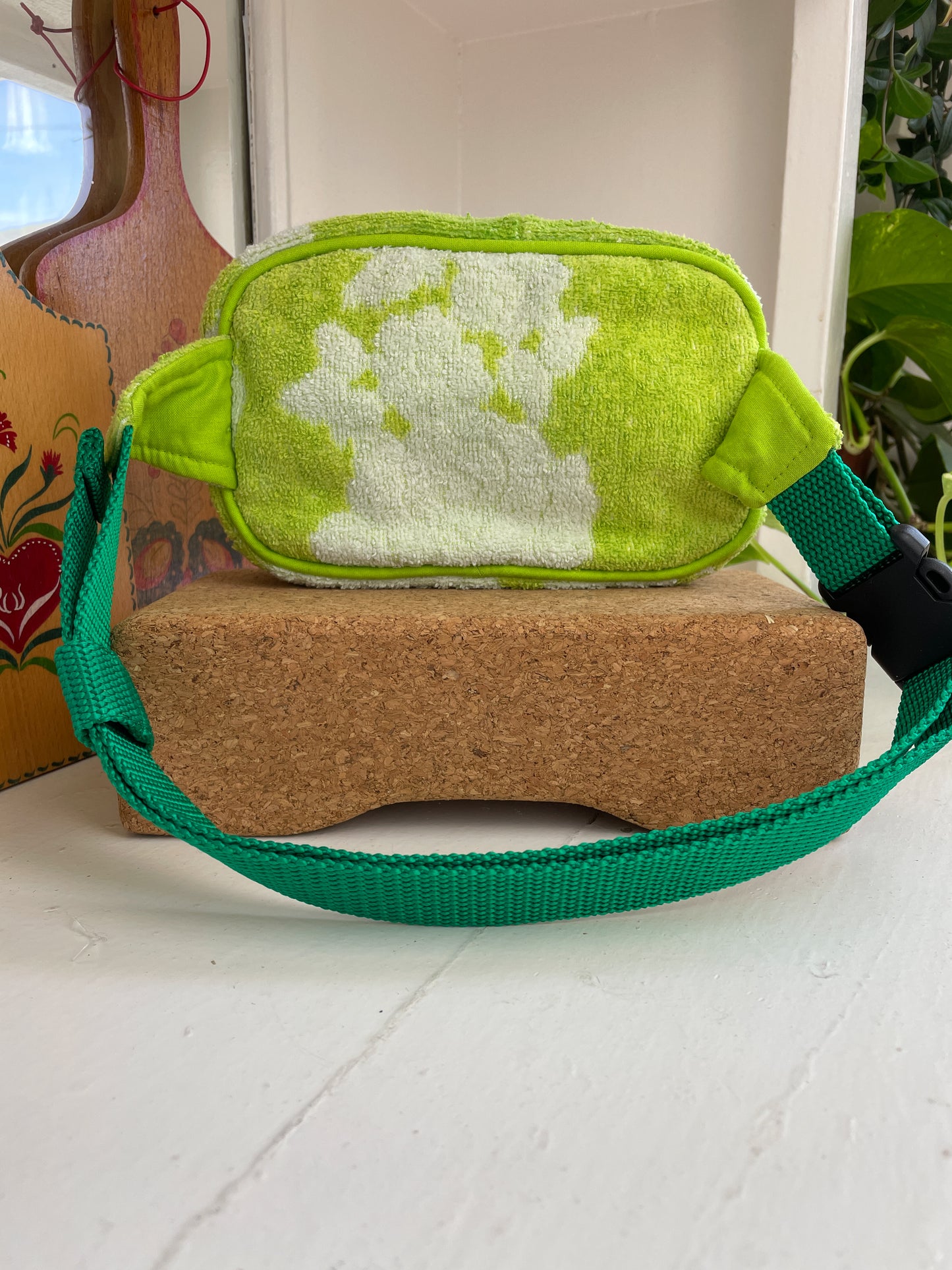 Vintage towel fanny pack | Neon lime flower