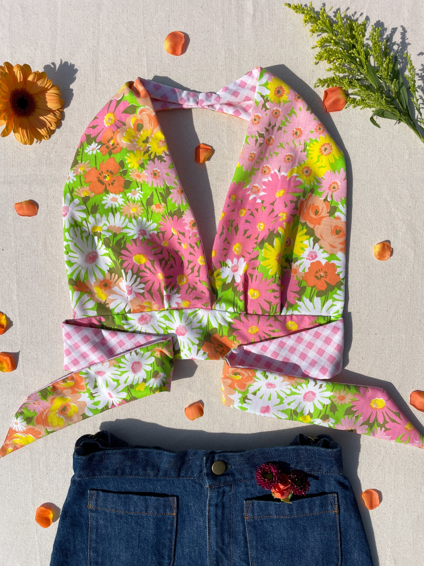 Reversible Halter | Pink flower garden & gingham