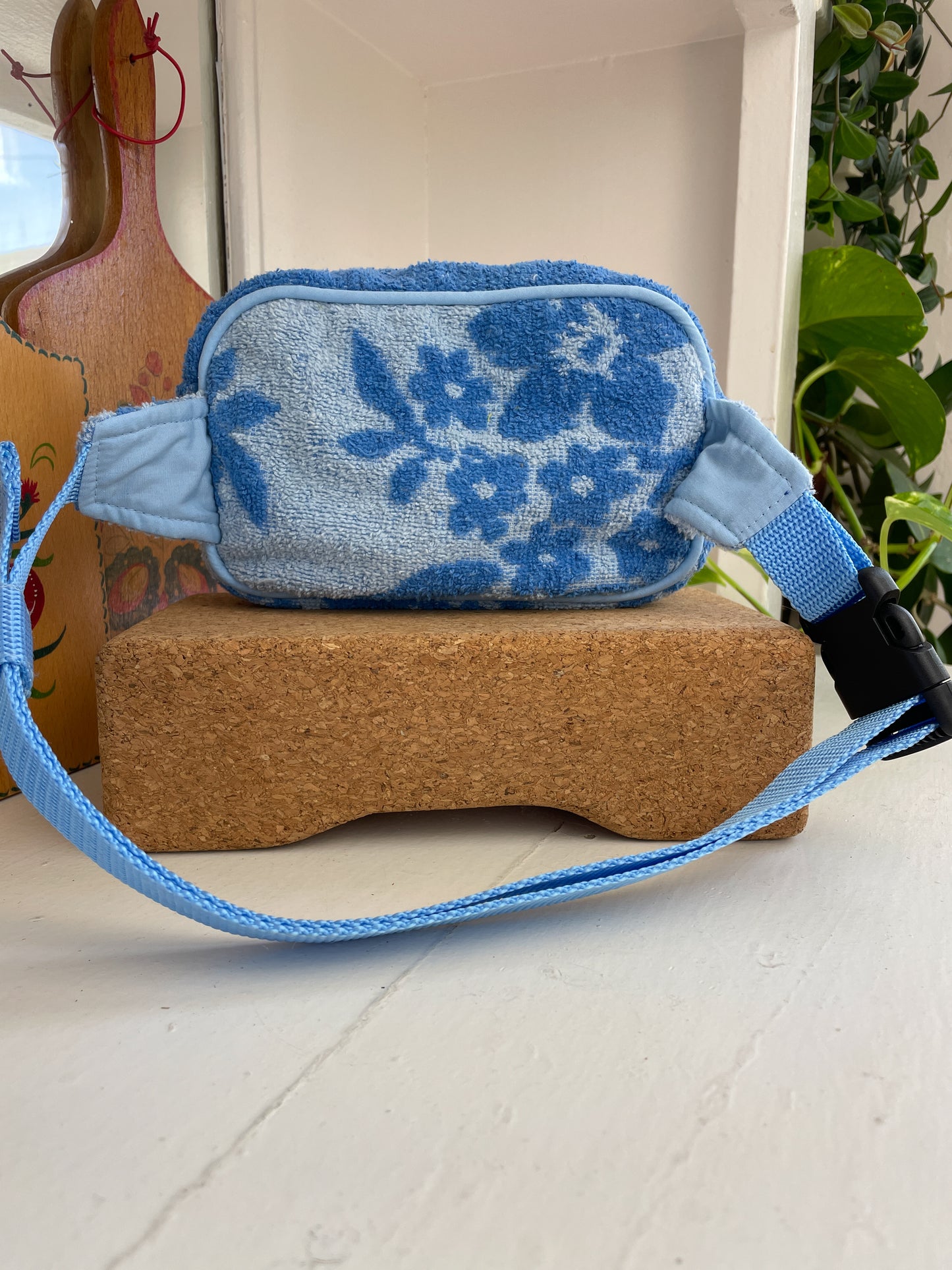 Vintage towel fanny pack | Sky blue flower
