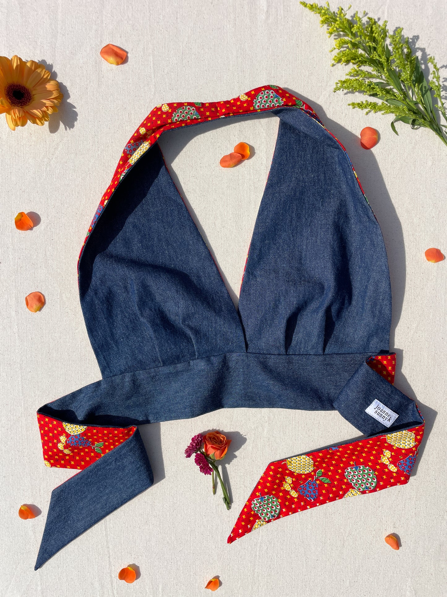 Reversible Halter | Red mix fruit & denim