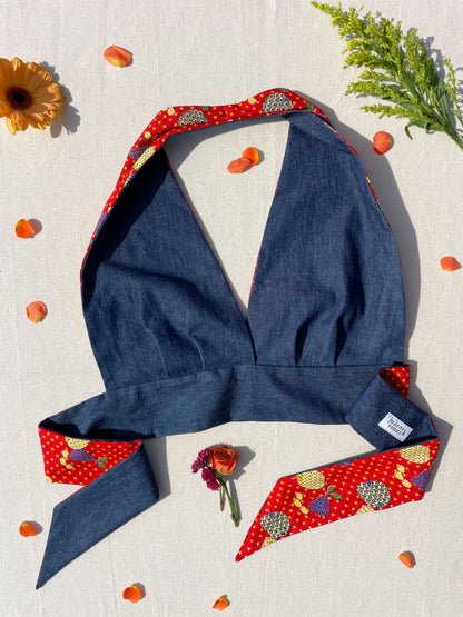 Reversible Halter | Red mix fruit & denim