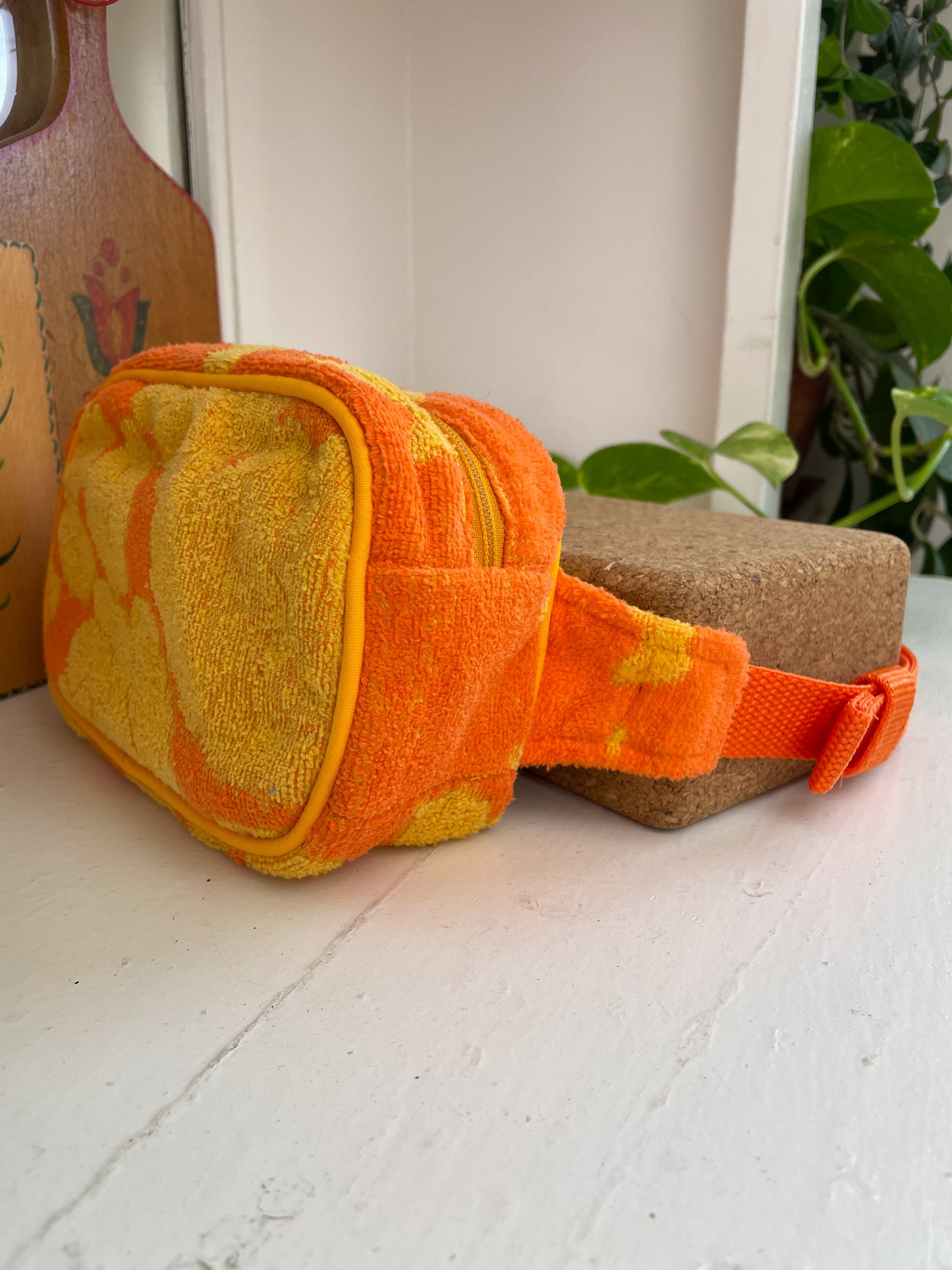Vintage towel fanny pack | Orange marigold flower 1