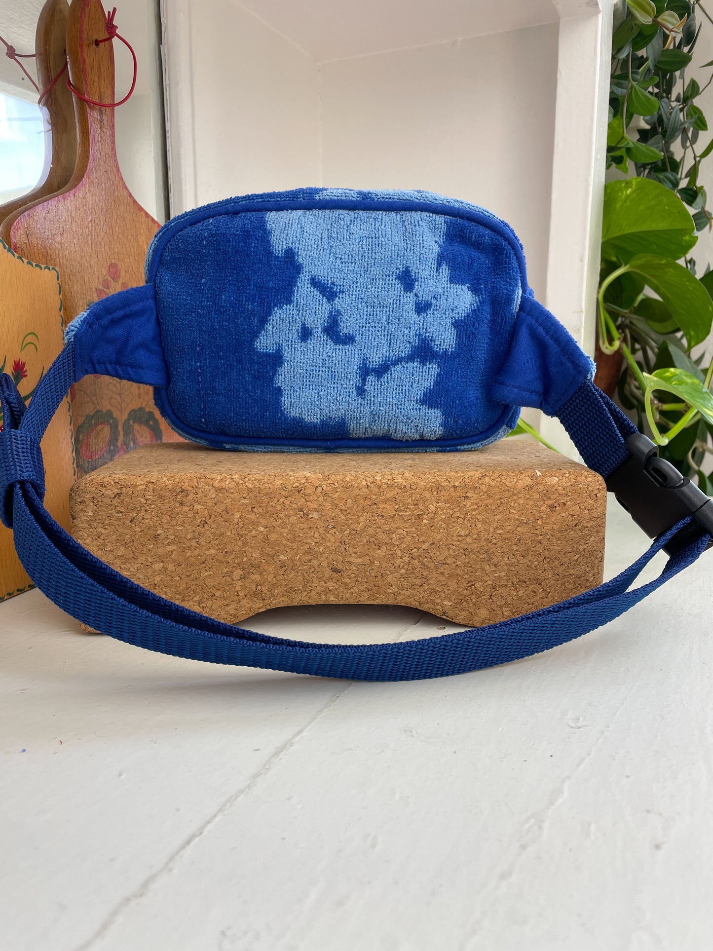 Vintage towel fanny pack | Royal blue flower