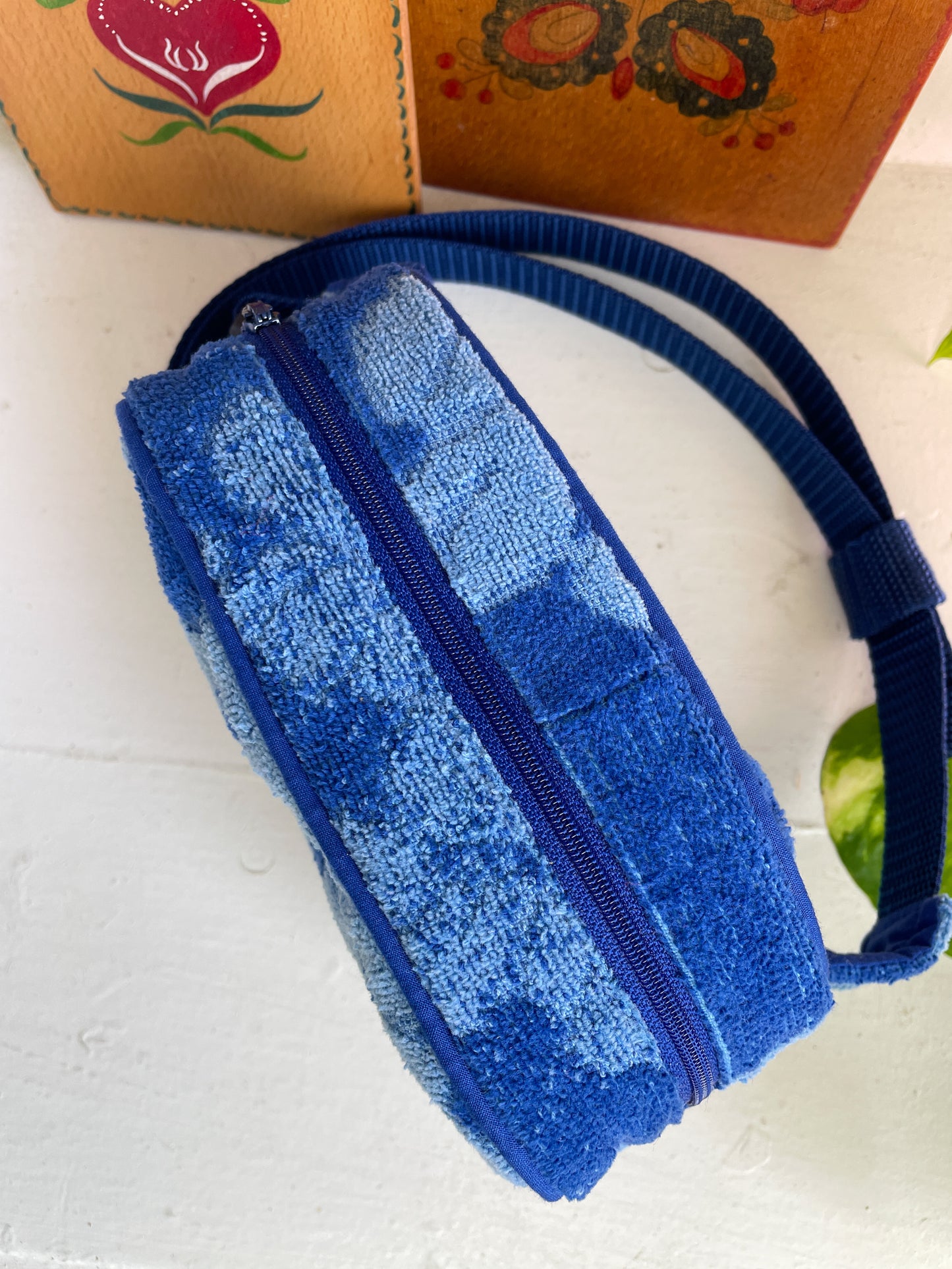 Vintage towel fanny pack | Royal blue flower