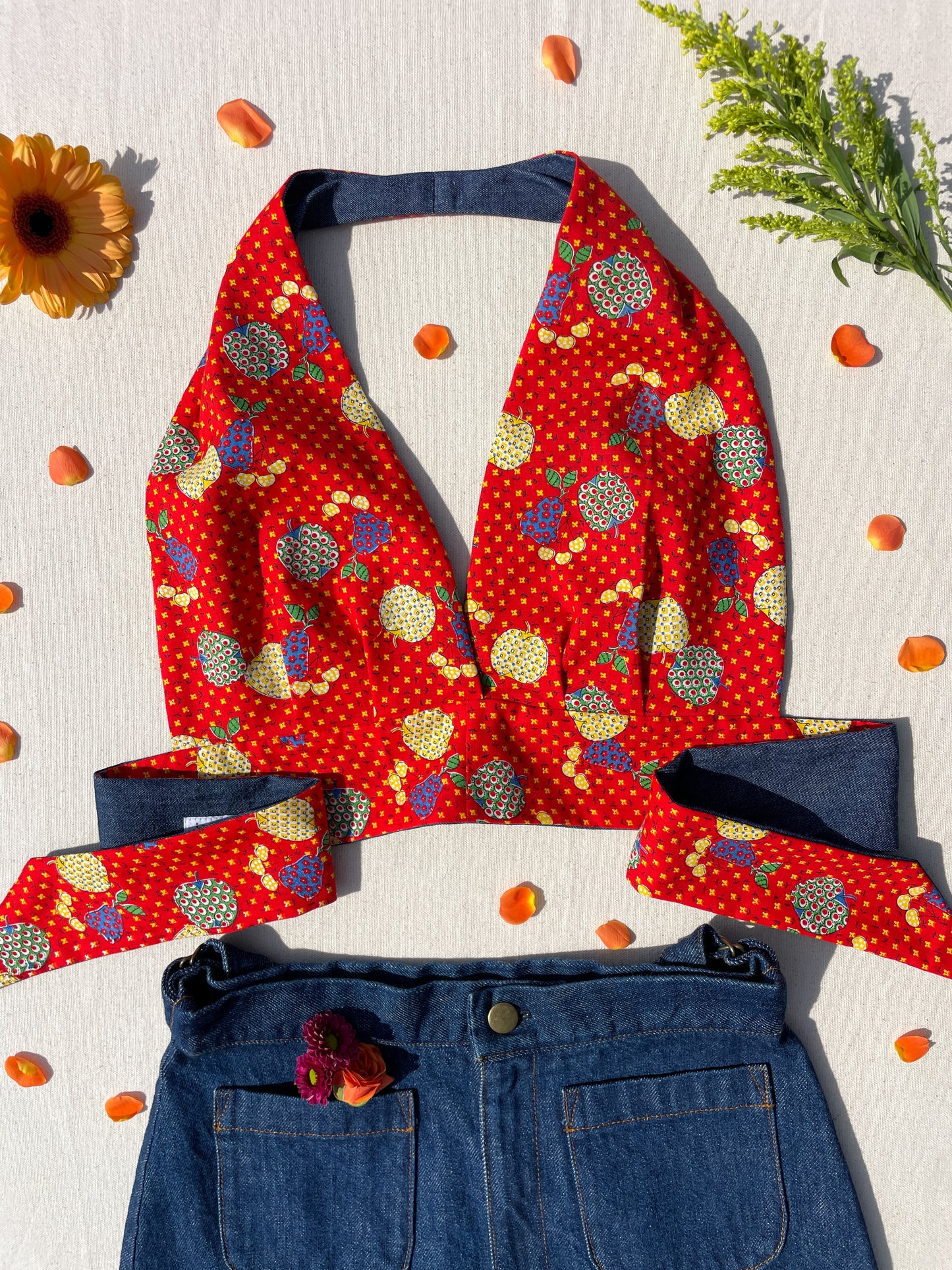 Reversible Halter | Red mix fruit & denim
