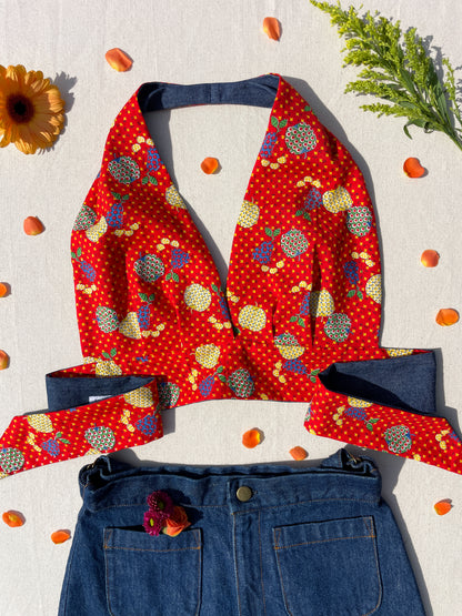 Reversible Halter | Red mix fruit & denim