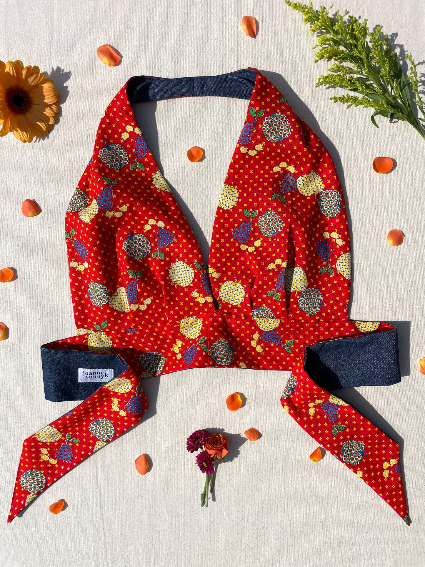 Reversible Halter | Red mix fruit & denim