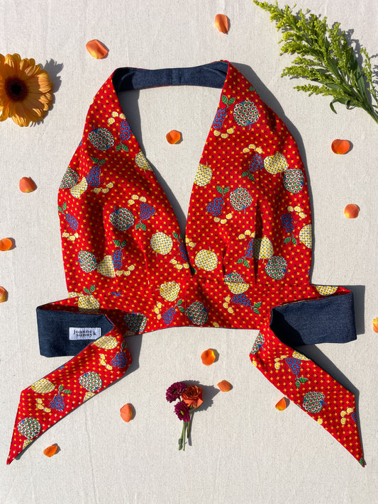 Reversible Halter | Red mix fruit & denim