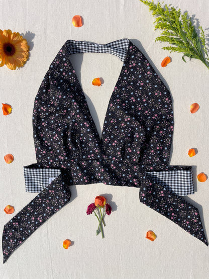 Reversible Halter | Black ditsy flower & gingham