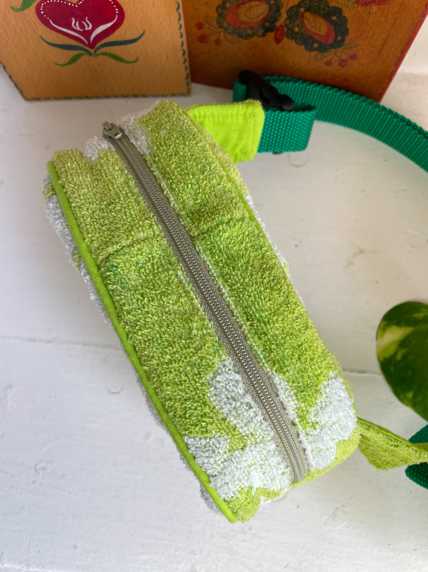 Vintage towel fanny pack | Neon lime flower
