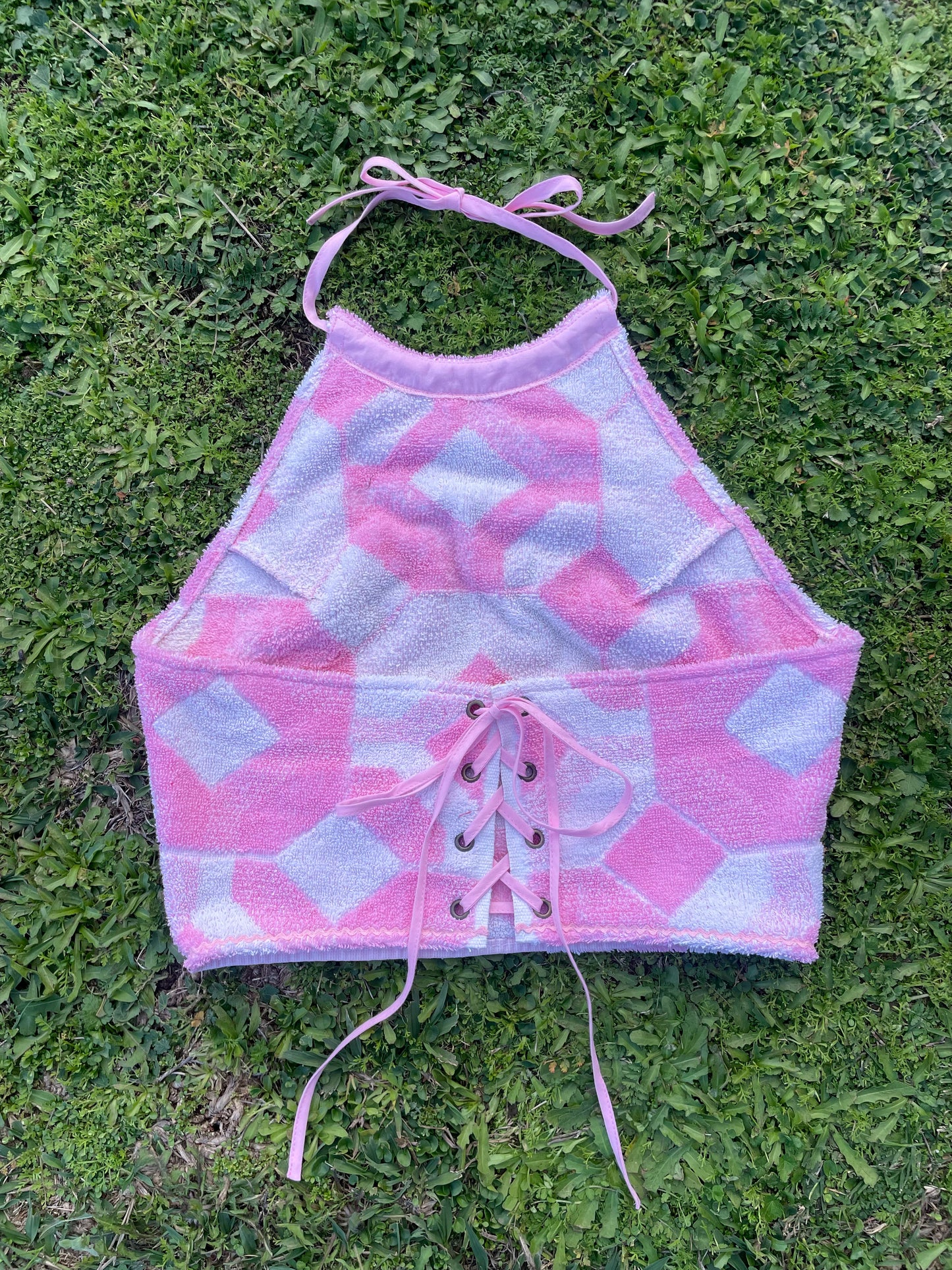 Vintage towel halter top | Pink Medium