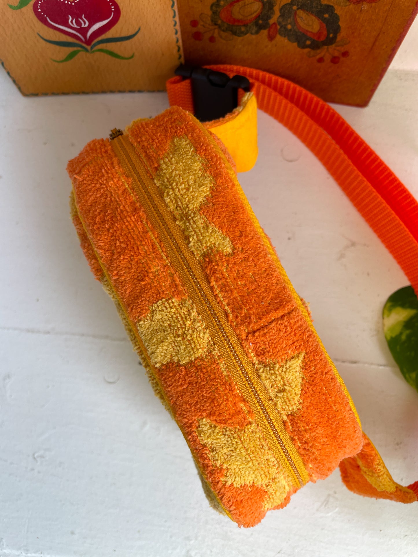 Vintage towel fanny pack | Orange marigold flower 1